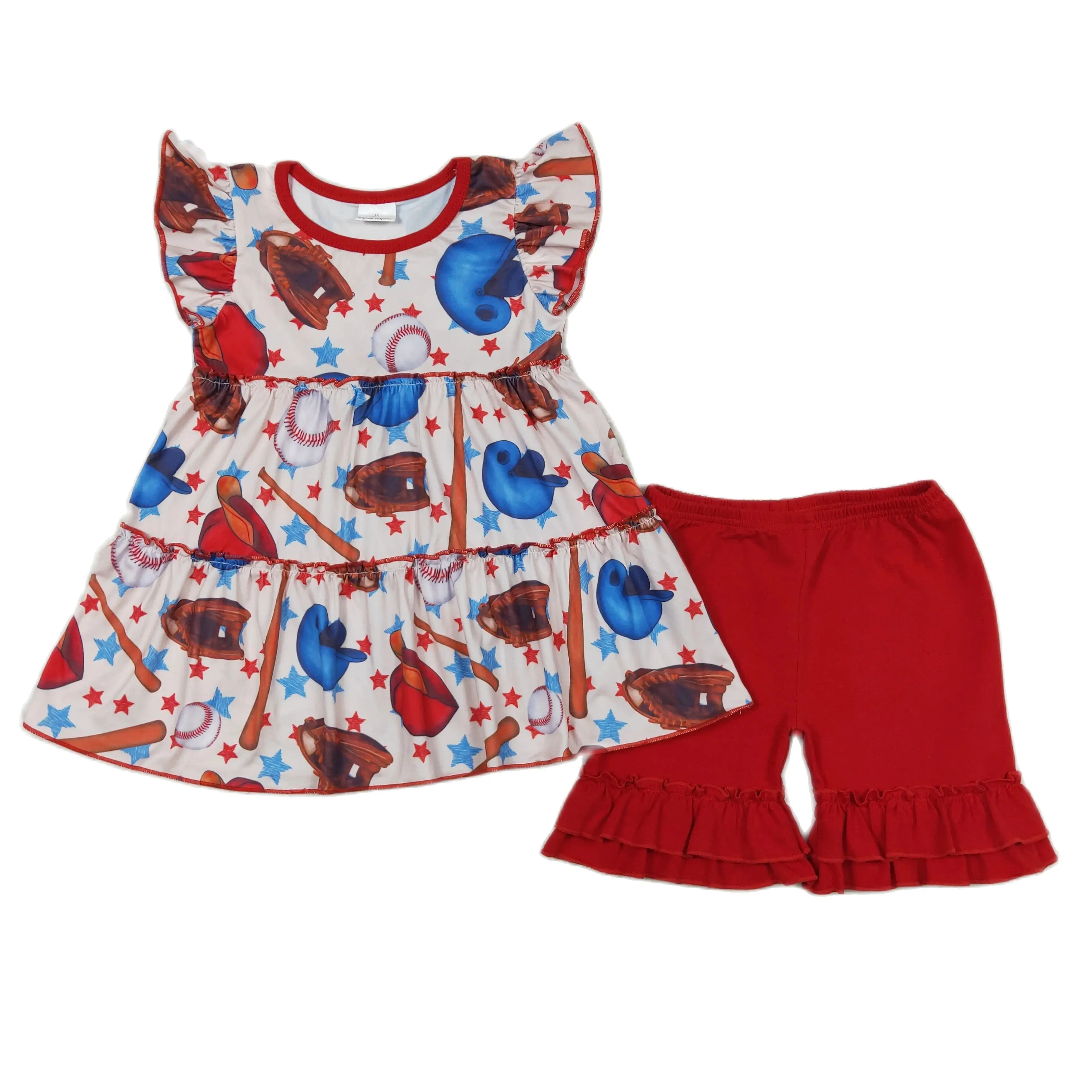 

Wholesale Boutique Baby Girl Set Toddler Ball Short Sleeves Baseball Stars Tunic Summer Kids Ruffle Red Shorts Children Outfit