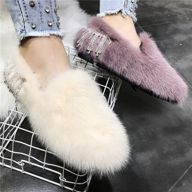 

2024 New Mink Fur Women Moccasins Winter Warm Flat Fur Shoes Outside Slip-on Loafers Espadrilles Crystal Decor Ladies Flats