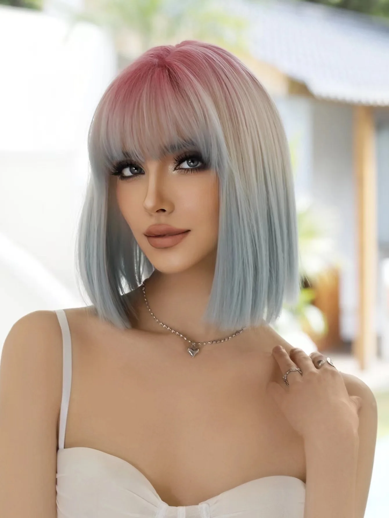 

New Short Straight Wig Women's Pink Gradient Blue Air Bang Wave Head Short Hair Available in Multiple Colors