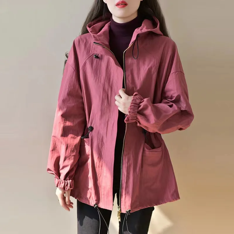 

Spring and Autumn 2024 New Fashion Frock Trench Coat Womens Long Solid Color Warm Casual Hooded Waist Female Clothes Windbreaker