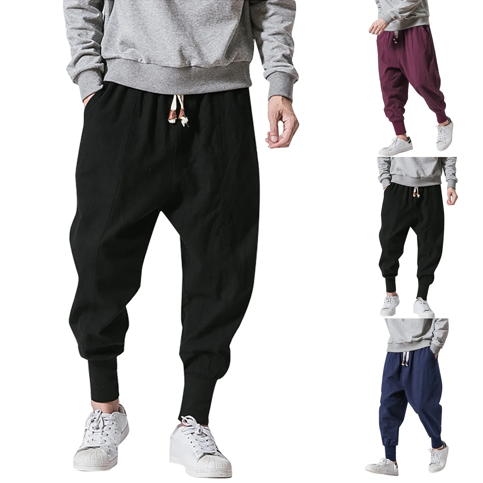 

New Cotton Linen Harem Pants Men Solid Elastic Waist Streetwear Joggers Baggy Drop-crotch Pants Casual Trousers Men