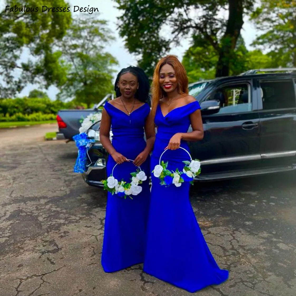 

Royal Blue Long Mermaid Bridesmaid Dresses Off Shoulder V-neck Trumpet Wedding Guest Dress For African Women Prom Party Gown