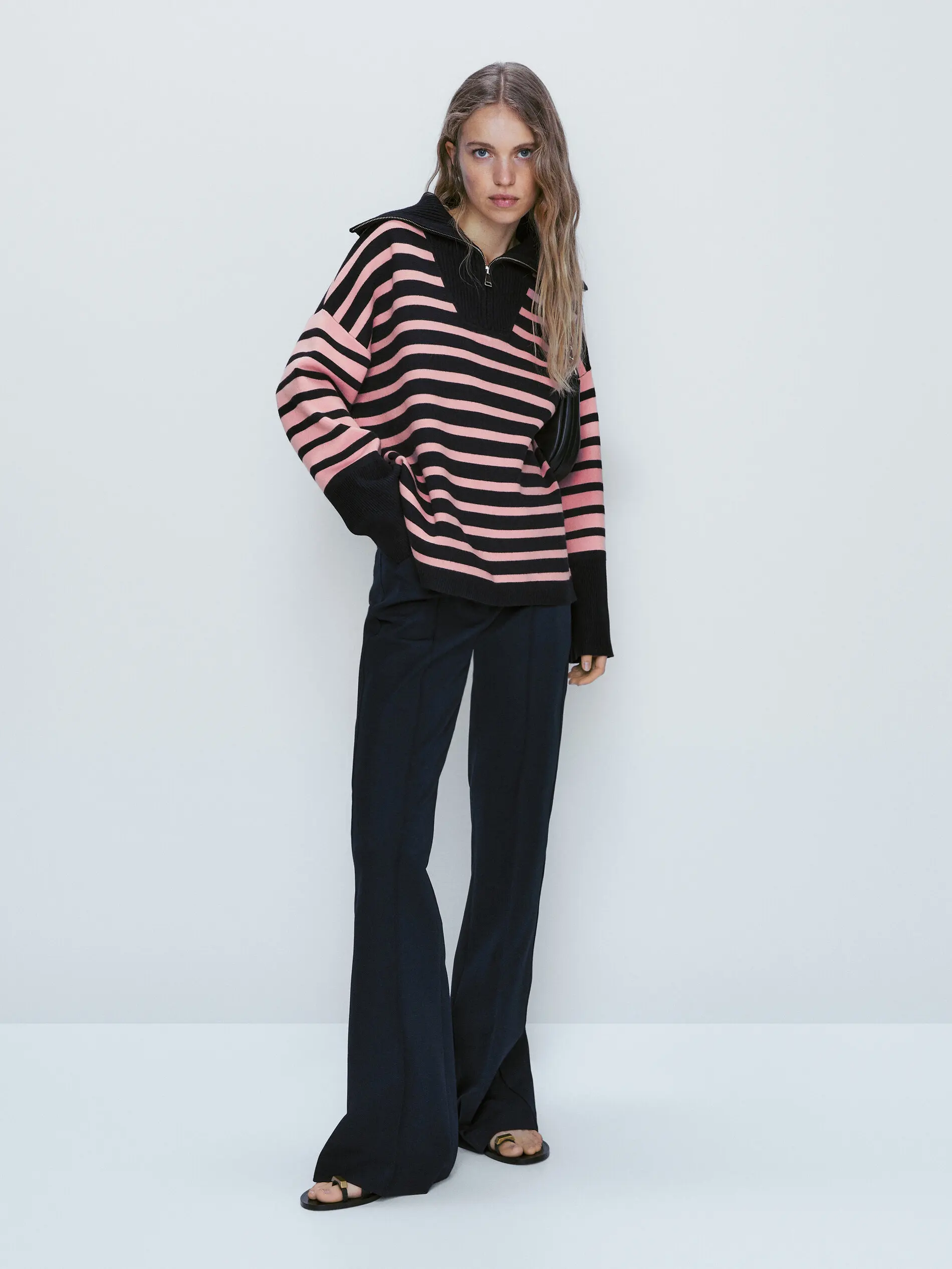 

Ethereal MD 2023 autumn new style of Loose inside with patchwork striped zipper turtleneck knitwear