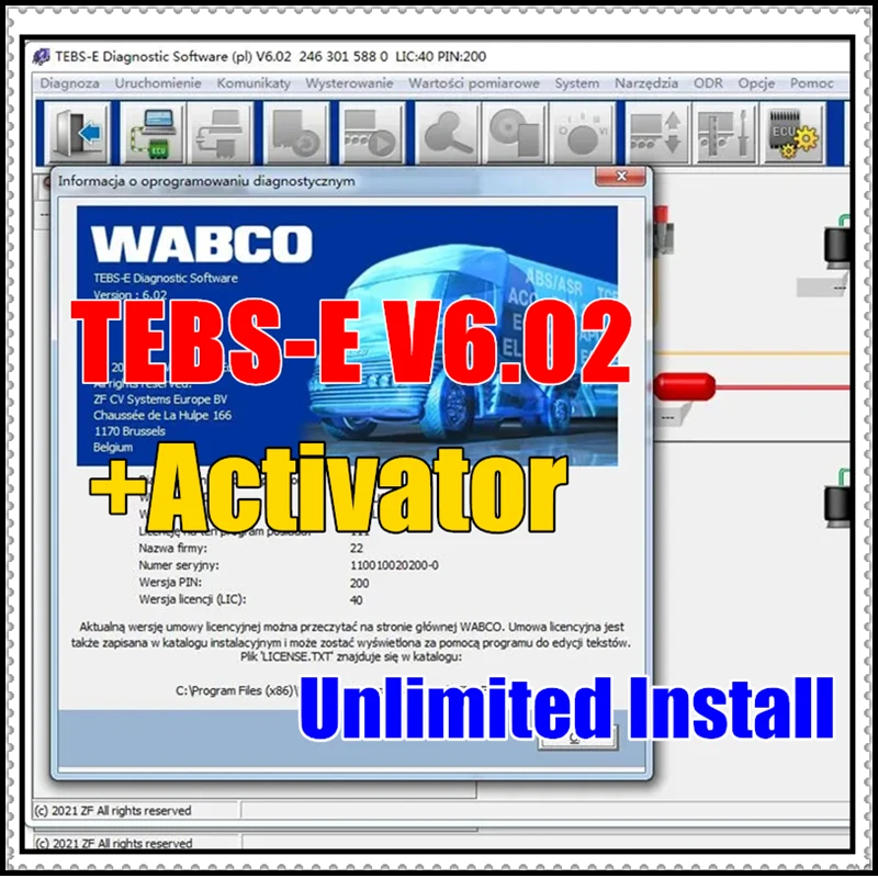 Wabco TEBS-E 6.02 Diagnostic Software with New Activator Support Polish English,German Unlimited Install for Many PC+Video Guide
Wabco TEBS-E 6.02 Diagnostic Software with New Activator Support Polish English,German Unlimited Install for Many PC+Video Guide