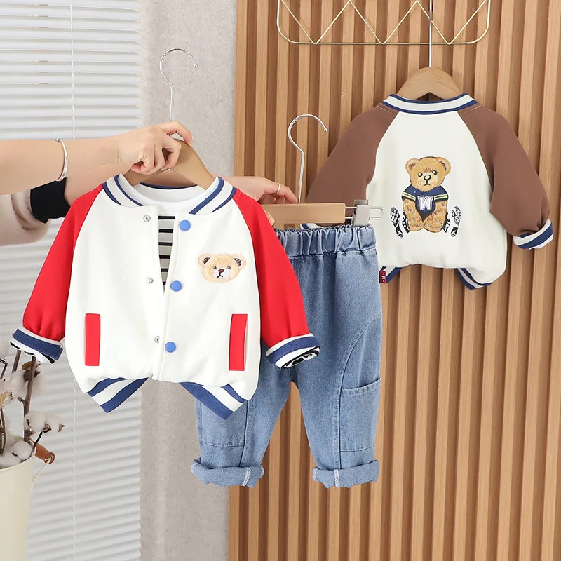 spring cartoon baby boys girls clothes set bear Baseball jacket+cotton Striped T-shirt+jenas 3pcs 1-7 kids suit child outfits
spring cartoon baby boys girls clothes set bear Baseball jacket+cotton Striped T-shirt+jenas 3pcs 1-7 kids suit child outfits