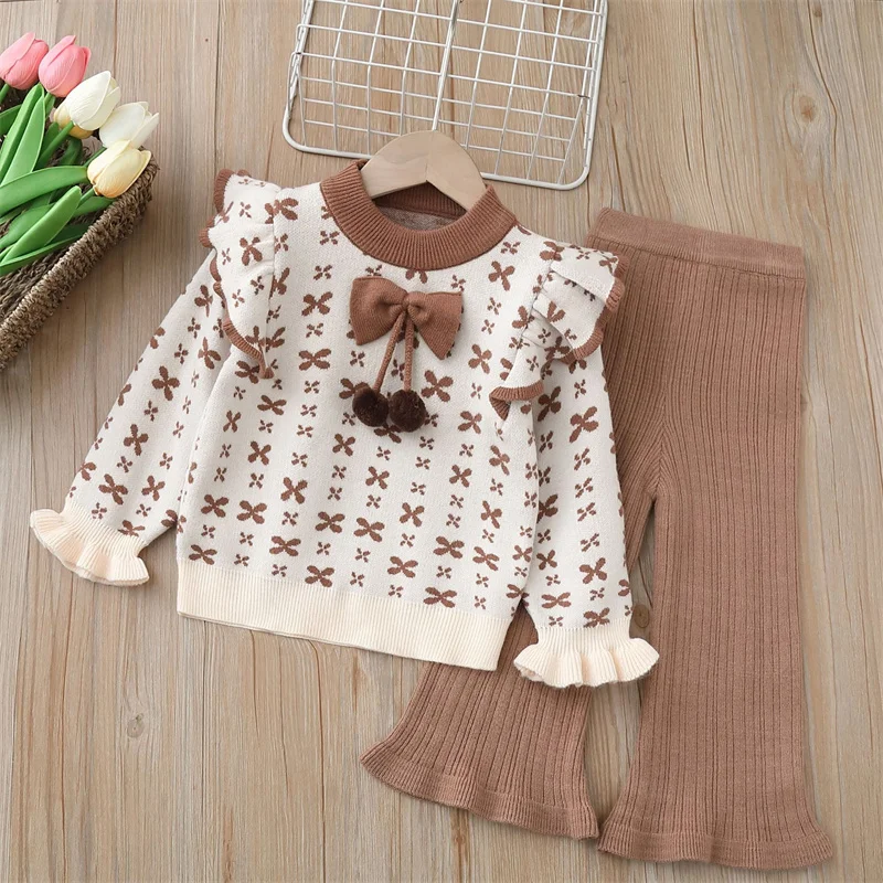 

Girls' Sweater Two Piece Knitting Set 2024 Autumn/Winter New Bow Tie Little Girl Round Neck Coat Sweater Solid Pants