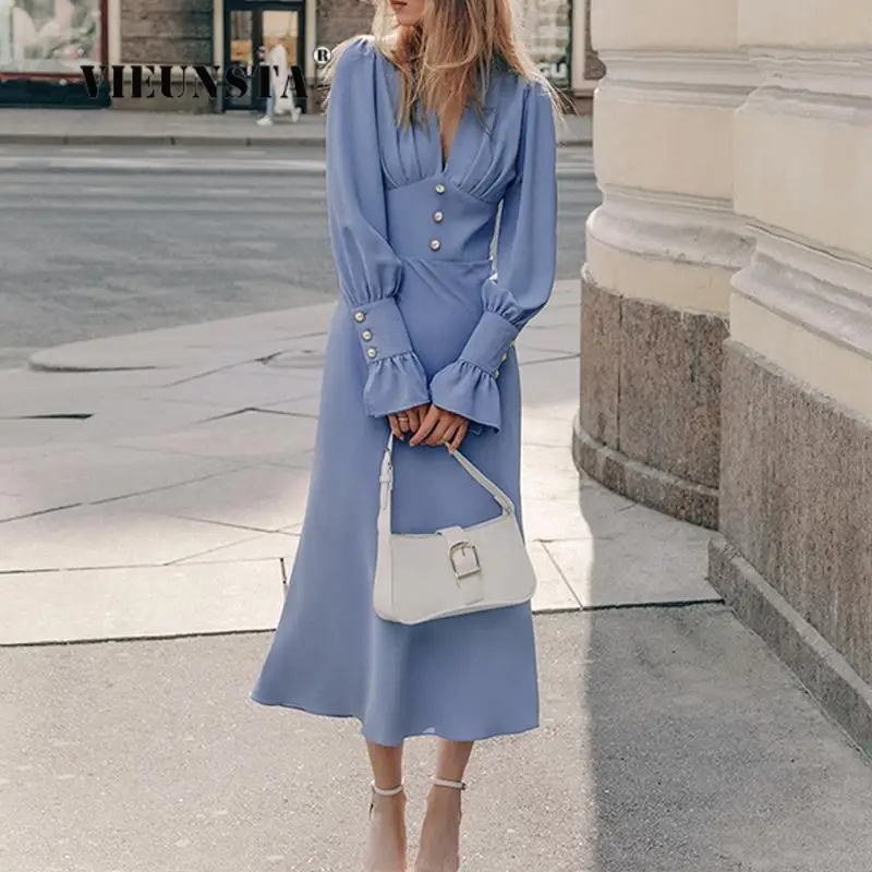 2023 Autumn New Retro Temperament Elegant Dress Women Button A-Line Dresses Lady French Slim Pleated V-neck Lantern Sleeve Dress
2023 Autumn New Retro Temperament Elegant Dress Women Button A-Line Dresses Lady French Slim Pleated V-neck Lantern Sleeve Dress