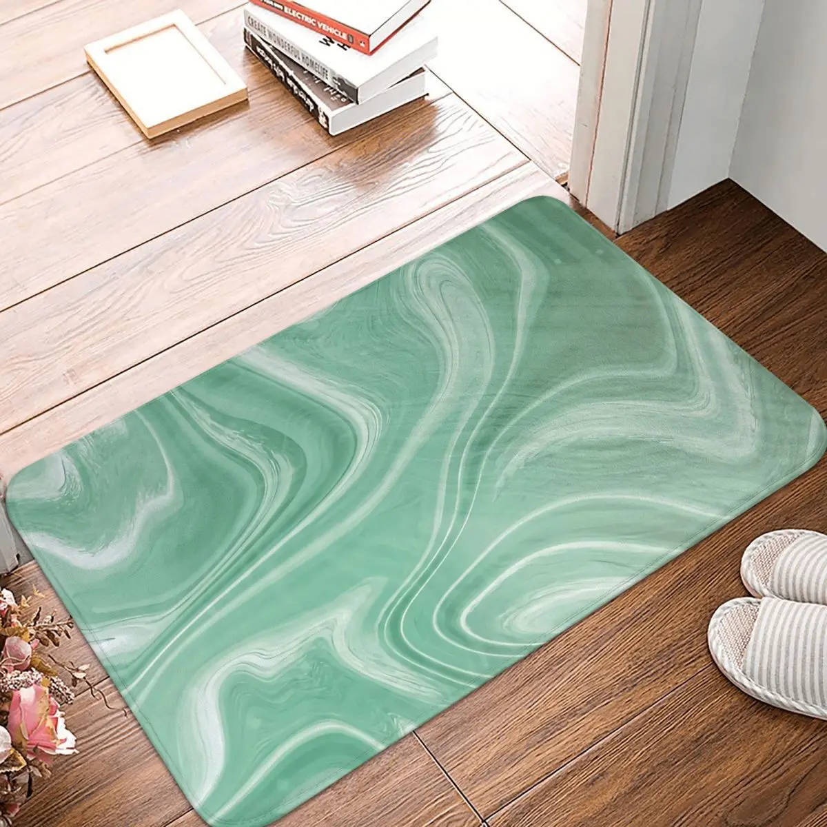 

Swirl Pattern Non-slip Doormat Seafoam Green Swirl Marble Bath Bedroom Mat Welcome Carpet Flannel Modern Decor