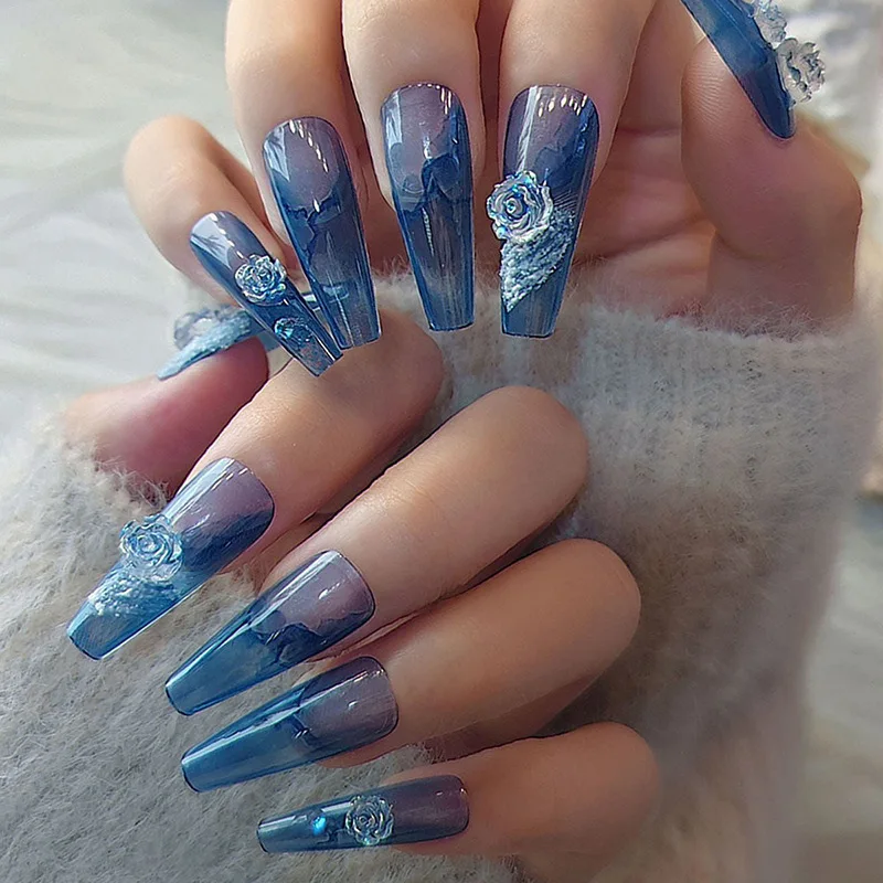 

3D long fake nails set Aura Ice blue camellia flower design crystal french coffin tips faux ongles press on false nail supplies