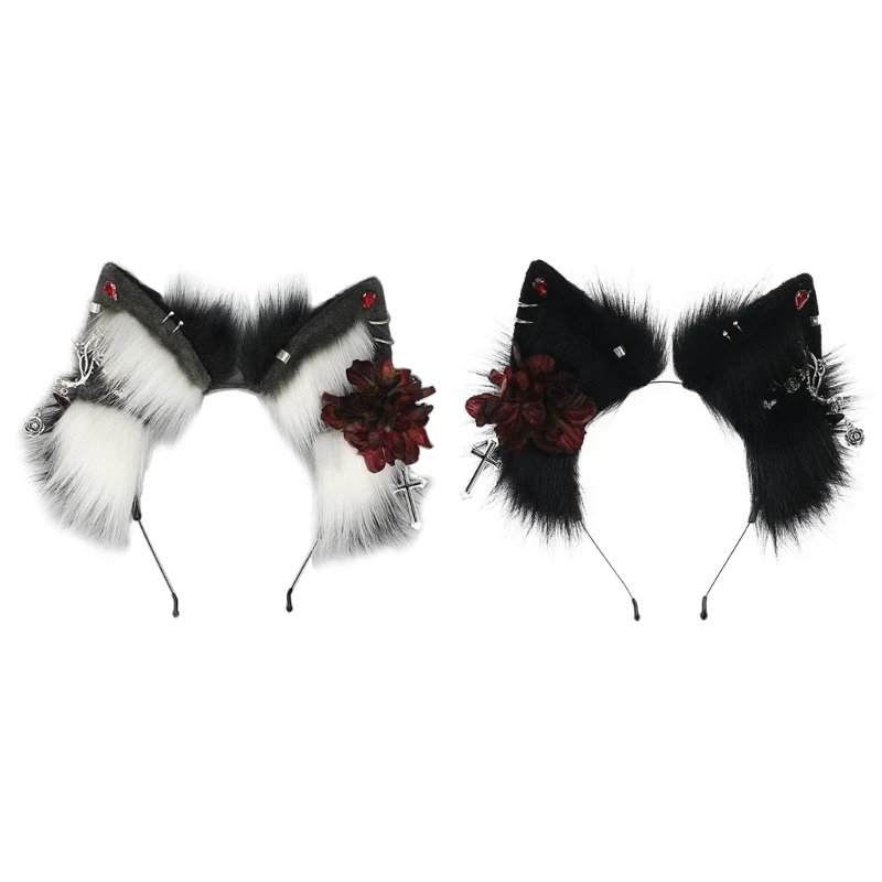 

Punk Wolf Ear Cosplay Hair Hoop with Flower&Earring Woman Teens Headband for Live Broadcast Carnivals Hairband Dropship