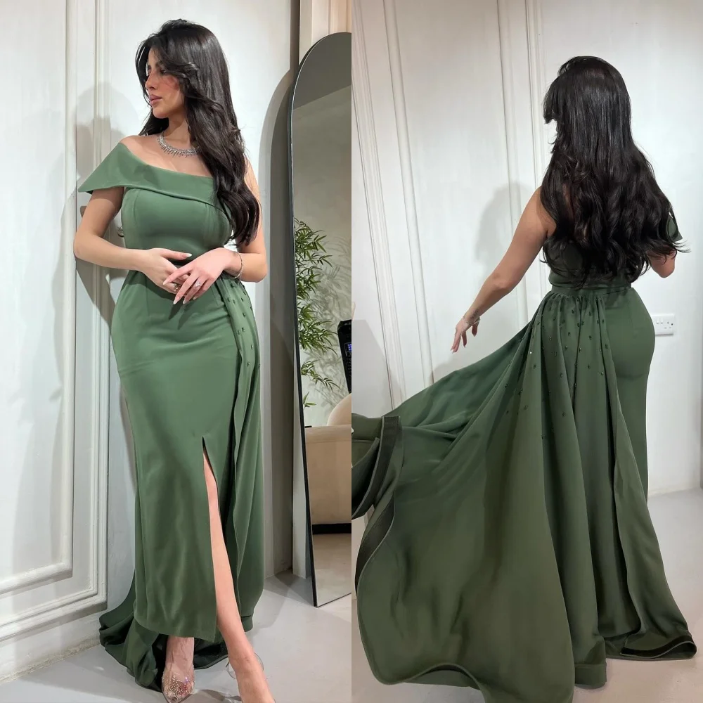 

Ball Dress Evening Saudi Arabia Jersey Beading Draped Pleat Evening Sheath Off-the-shoulder Bespoke Occasion Gown Midi Dresses