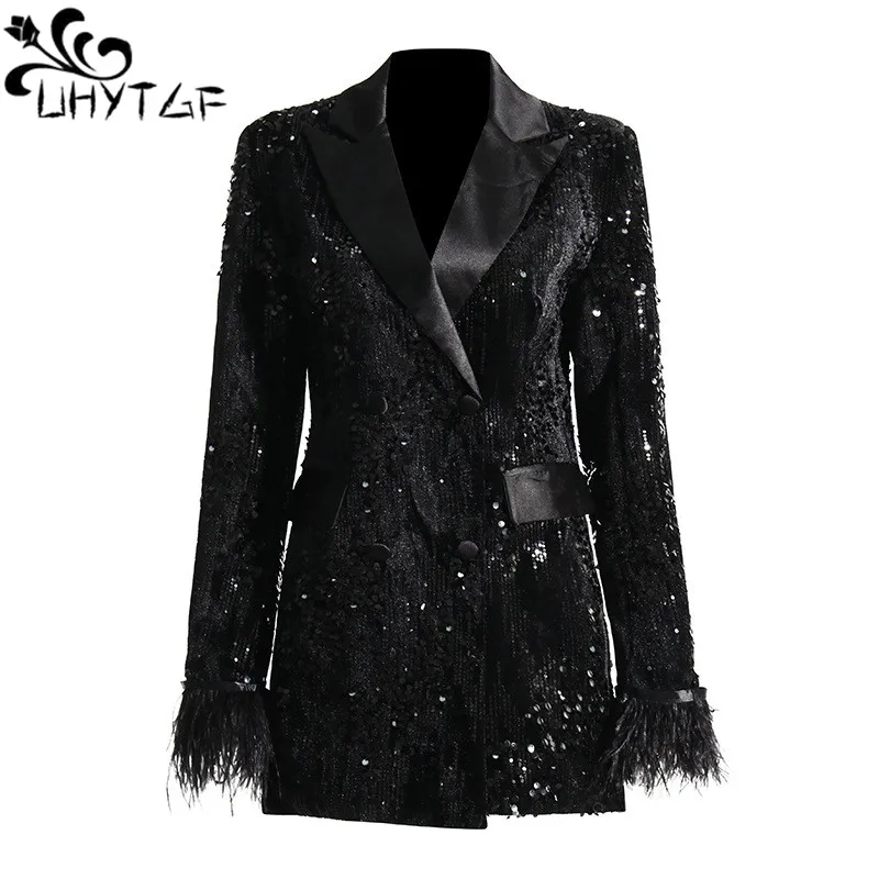 

Sequins Black Blazer For Women Notched Collar Long Sleeve Patchwork Feathers Cuff Solid Blazers Female Clothing New Coat Women 2