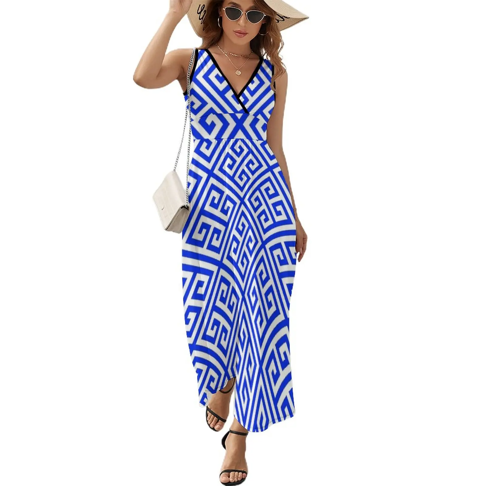 

blue white pattern, Greek Key pattern -Greek fret design Sleeveless Dress long dress women Dress for girls prom dresses