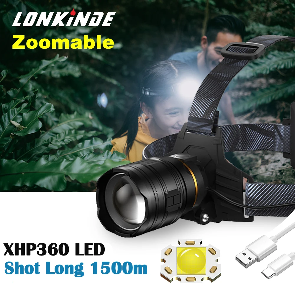 

2024 XHP360 High Power Fishing Headlamp Rechargeable Light Headlight Camping Hiking Led Flashlights Can Be Used As A Power Bank