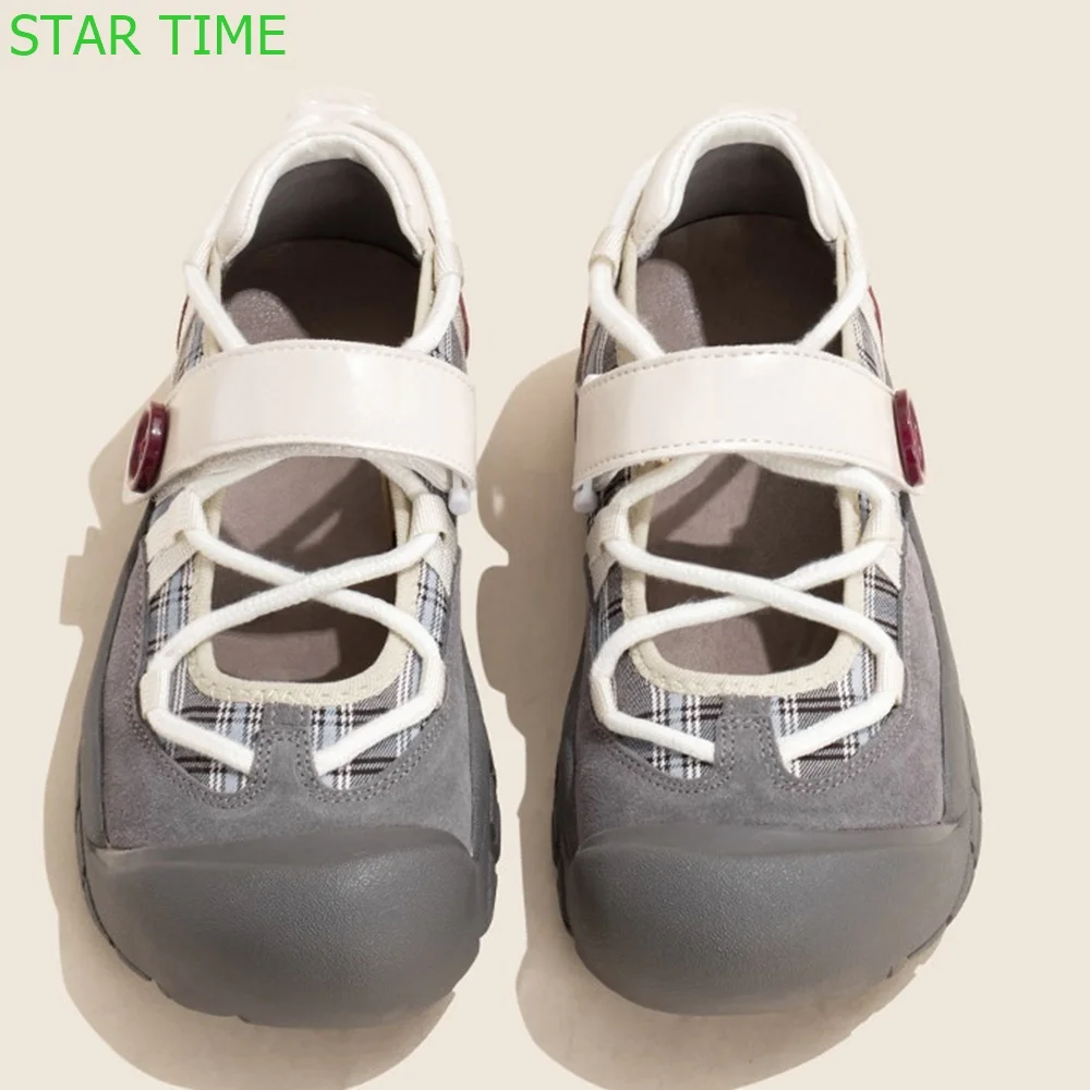 

Thick Soled Round Toe Mary Janes 2024 Spring Hook & Loop Sports Shoes Casual Cross-Strap Mixed Color Fashion Women Shoes
