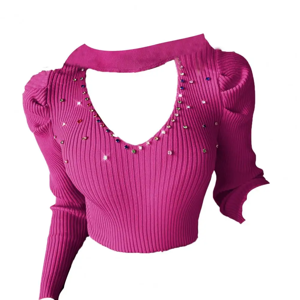 

Elegant V-neck Shirt Stylish Women's Rhinestone Studded Knitwear V-neck Tops Hollow Out Sweater Slim Fit Blouse for Office Lady