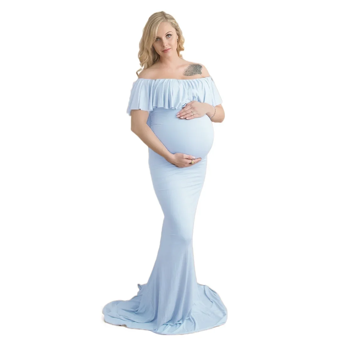 

Womens Off Shoulder Maternity Dress For Photoshoot Ruffle Stretchy Elegant Slim Gowns Fit Maxi Photography Gown Baby Shower