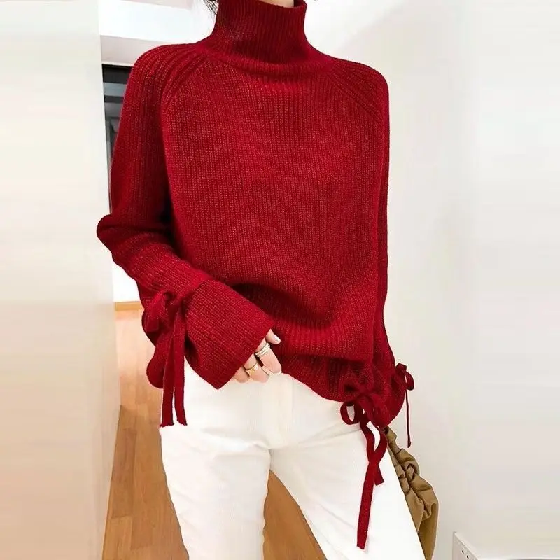 

Fashion Turtleneck Bright Silk Bandage Sweaters Women's Clothing 2023 Winter Loose Knitted Casual Pullovers Flare Sleeve Tops