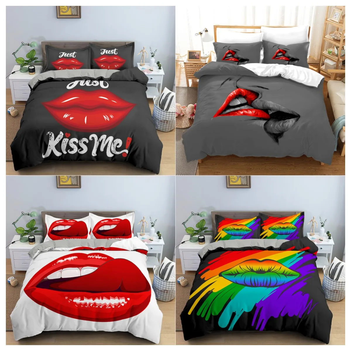 

Red Lips Kiss Beding Set 3D Print Polyester Duvet Cover With Pillowcase Bed Linen Twin King Queen Size Home Textile 1.35/1.8/2m