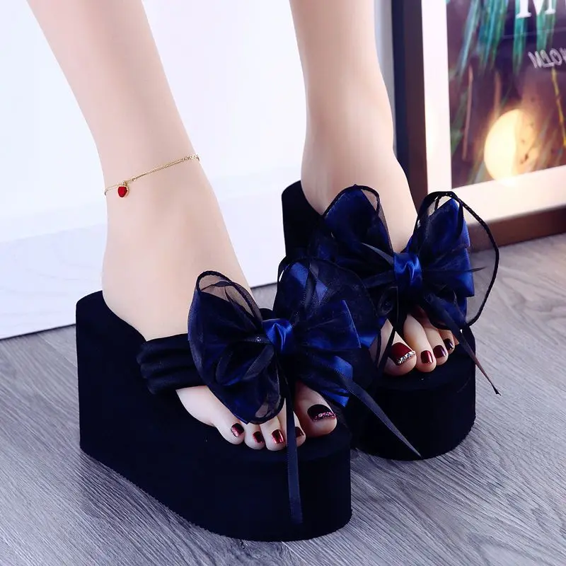 

2023 Slippers Women Wedges Sandals Super High Heels Ladies Fashion Flip Flops Cute Bowknot Female Party Shoes Plus Size Slides