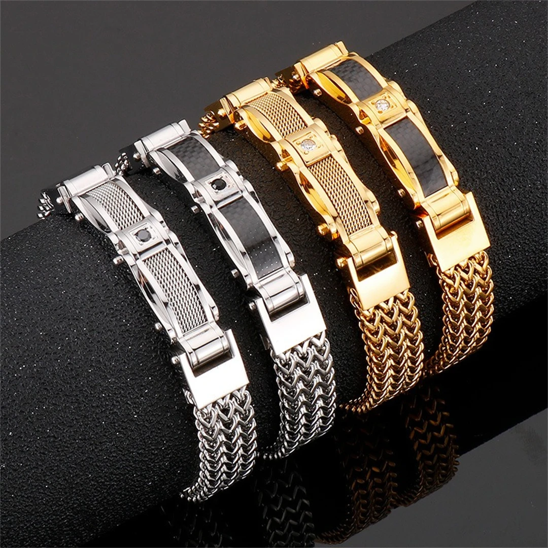 

Fashion Personalized Creative Gold Color Stainless Steel Men's Inlaid Diamond Bracelet Hip Hop Punk Titanium Steel Men's Bracele