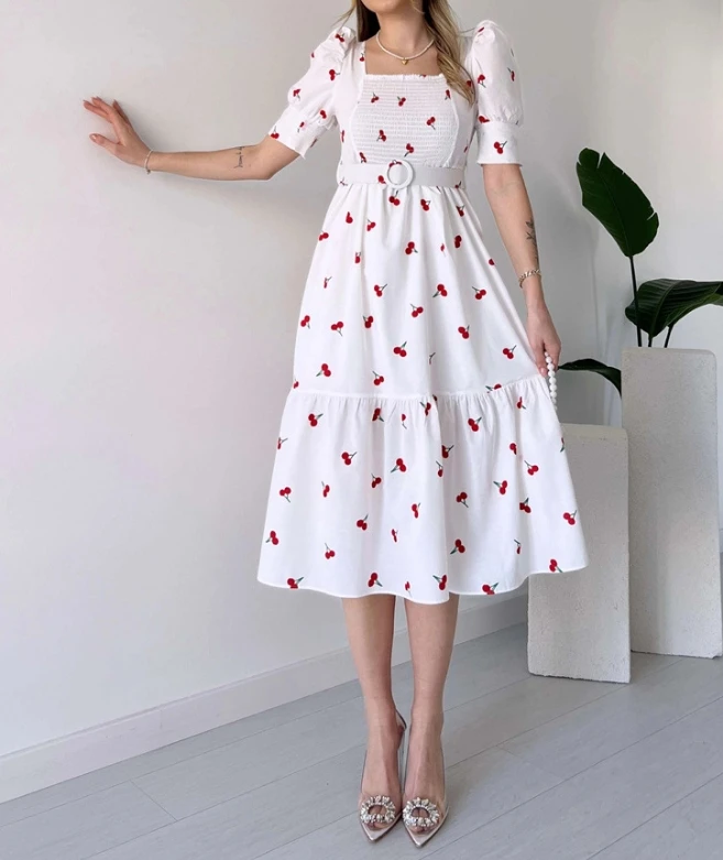 

Women's Elegant Dress 2024 Summer Latest Fresh and Sweet Fashion Cherry Print Temperament Women's Tunic U-Neck A-Line Skirt