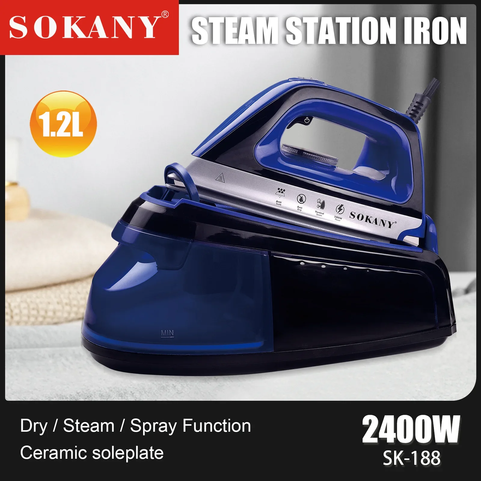 

Ceramic Soleplate Professional Steam Iron for Clothes 1.2 Liter Removable Tank 1800 Watts Ironing, Fabric Steamer, Steam Station