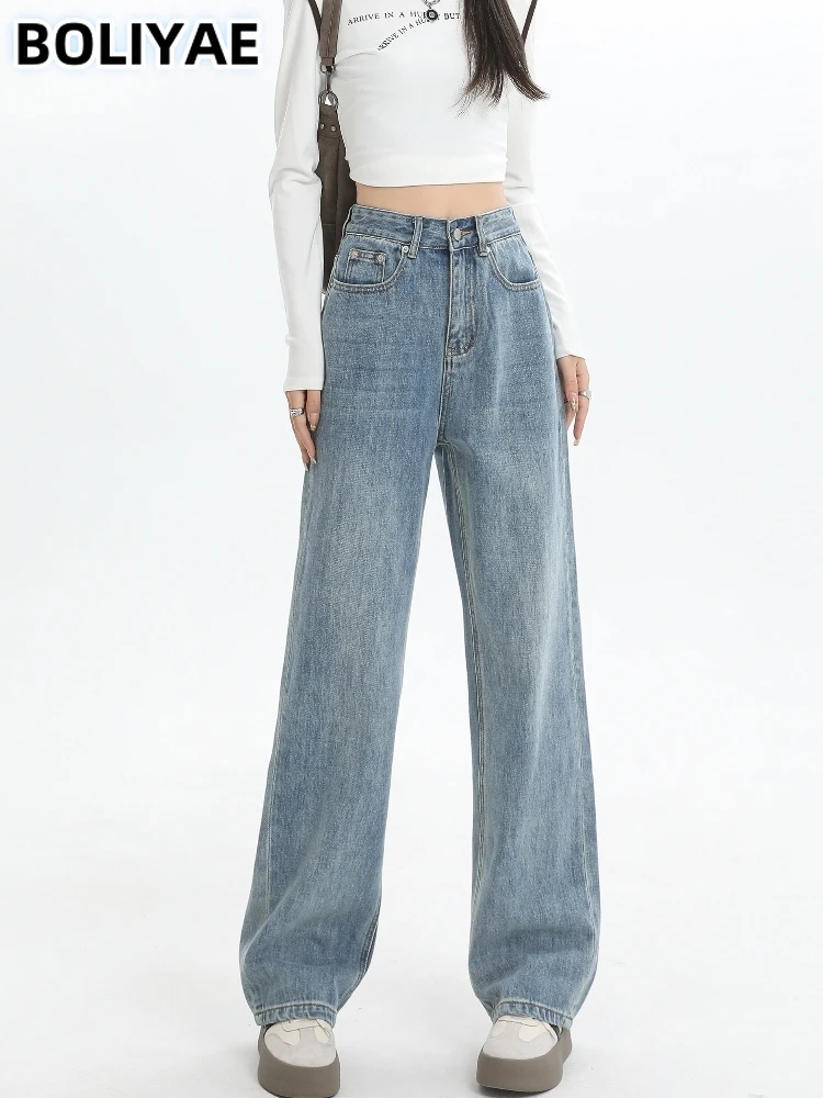 

Boliyae 2024 spring Baggy Jeans Women Y2k Vintage Fashion High Waist Straight Denim Pants Harajuku Streetwear Wide Leg Trousers
