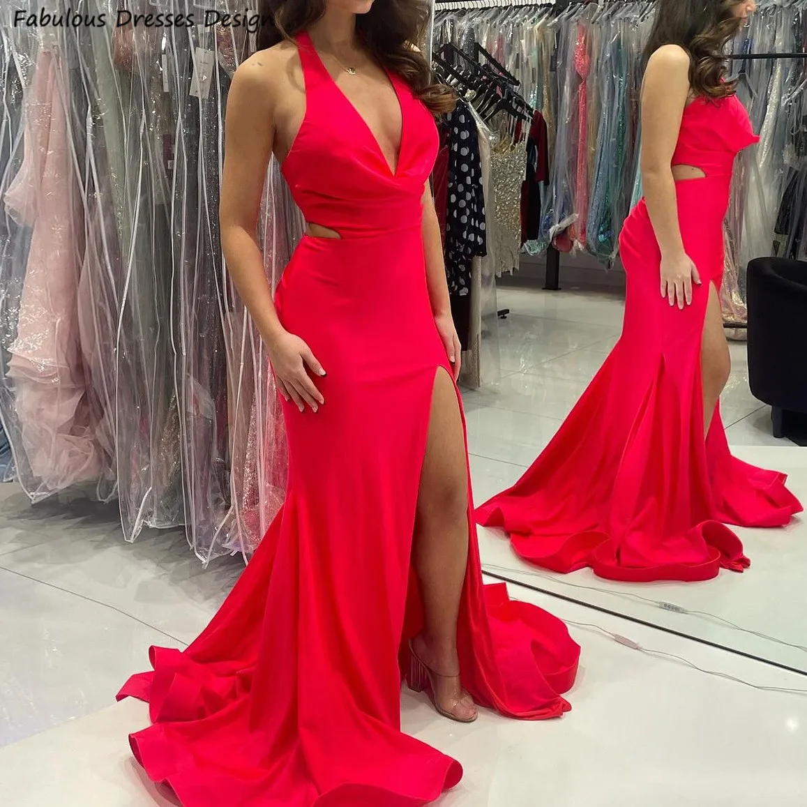 

Sexy Slit Trumpet Bridesmaid Dresses Red Long Mermaid Halter V-neck Backless Wedding Guest Dress For Women Prom Party Gown