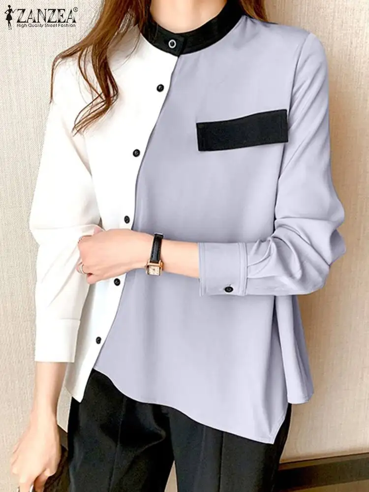 

ZANZEA 2023 Diagonal Placket Colorblock Shirt Women Round Neck Chic Tunics Top Autumn Fashion Solid Long Sleeve Irregular Blouse