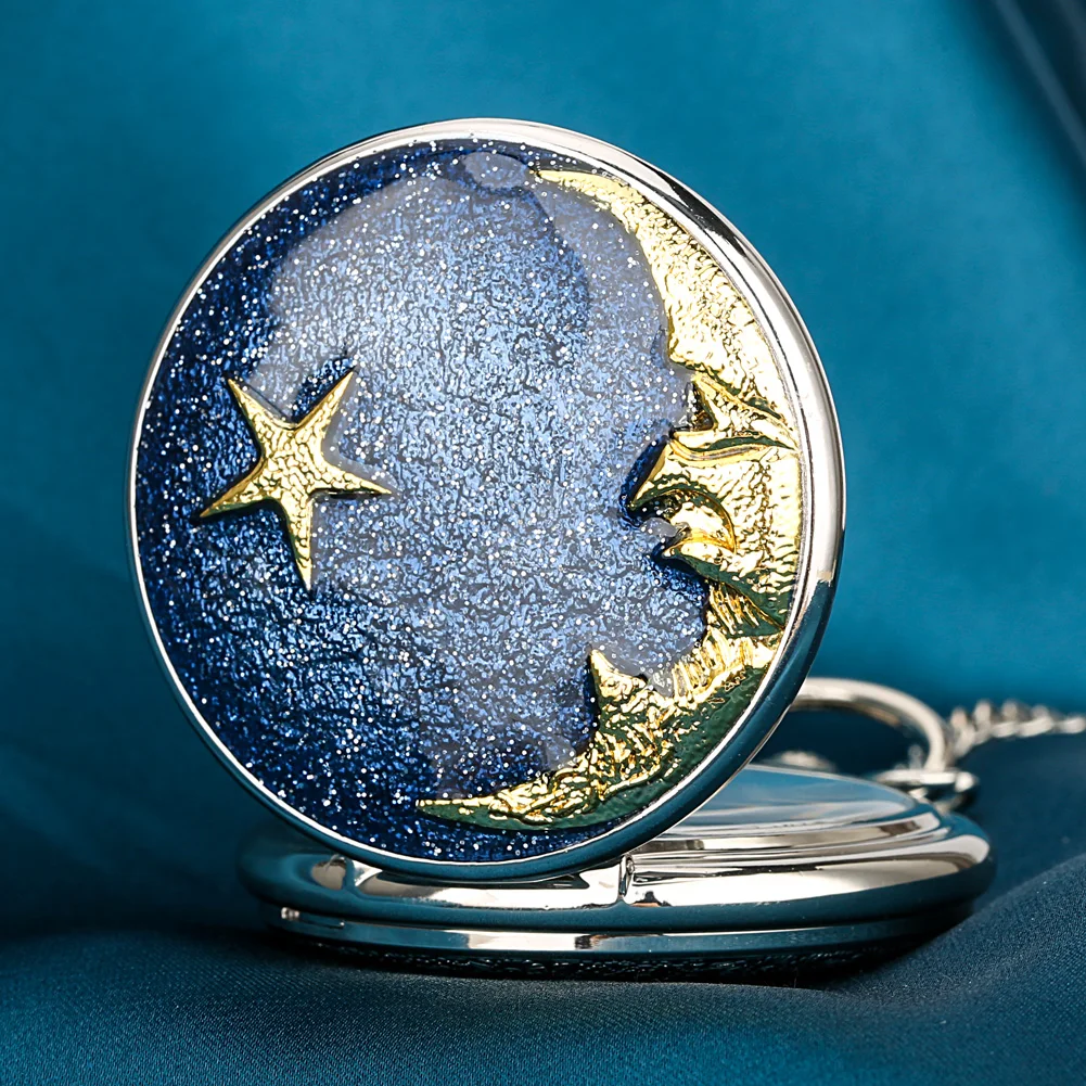 Blue Starry Sky Quartz Pocket Watches Necklace Star and Moon Pattern Necklace Pocket Watch Clock Gift Relief Art Design Pendant
Blue Starry Sky Quartz Pocket Watches Necklace Star and Moon Pattern Necklace Pocket Watch Clock Gift Relief Art Design Pendant