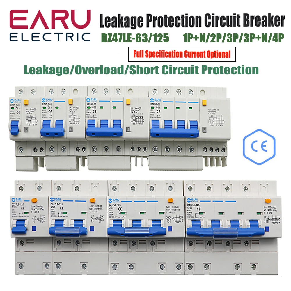 

DZ47LE-63/125 Husehold Air Switch RCBO Leakage Protector 1P+N 2P 3P+N 4P AC400V Three-Phase Overload Protection Circuit Breaker