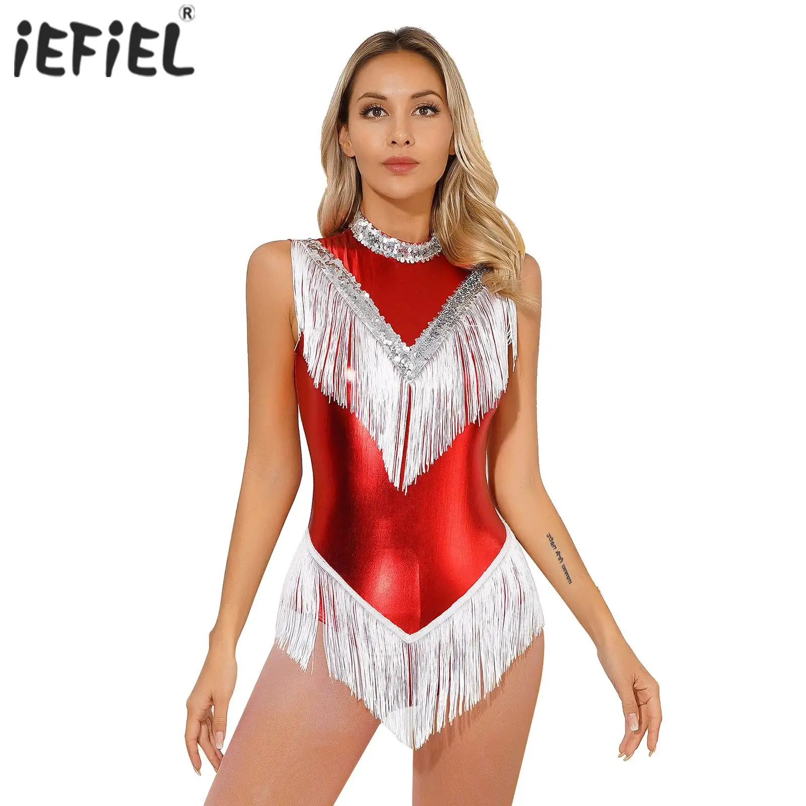 

Womens Latin Dance Leotard with Tassels and Sequins Rhythmic Gymnastics Workout Dance Bodysuit Jazz Dancing Ballerina Costume