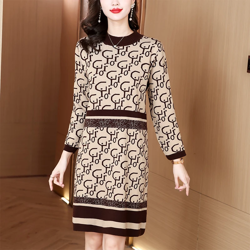 

Elegant Dresses for Women Autumn Winter New Long Sleeve Knitted Dress Vintage Houndstooth Bandage Fashion Sweater Dress