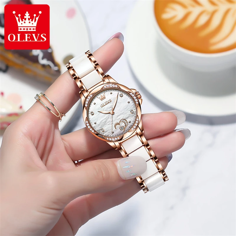 

OLEVS Womens Watches Top Brand Luxury Ceramic Mechanical Watch Waterproof Calendar Fashion Diamond Wristwatches Montre Femme