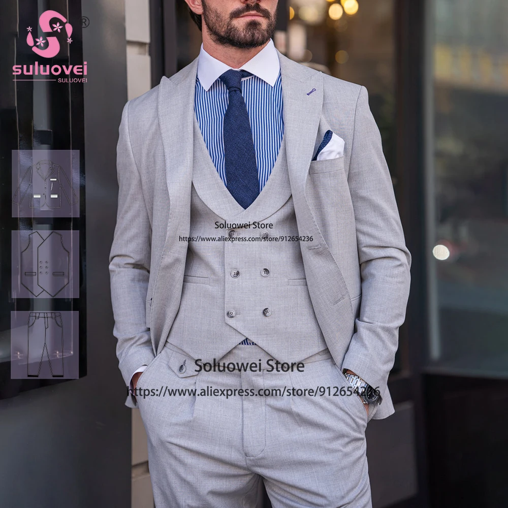 

Fashion Light Grey Slim Fit Suits For Men 3 Piece Pants Set Formal Groom Wedding Dinner Tuxedo Blazer Costume Homme Pour Mariage