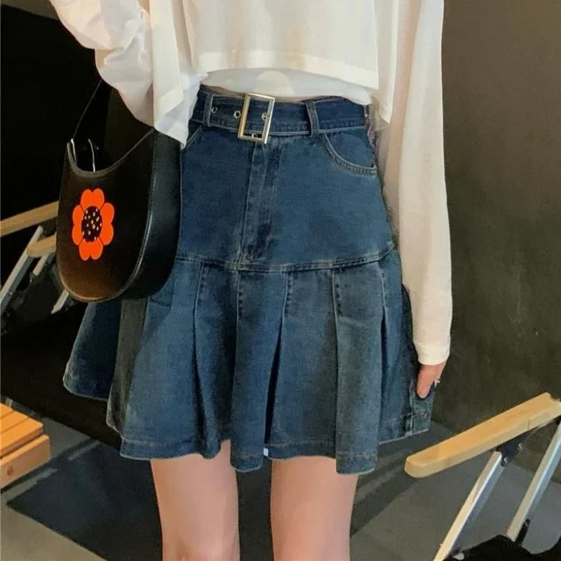 

Pleated Skirts Women Mini Denim Solid Casual Hotsweet Preppy Style Girlish High Waist All-match Tender Aesthetic Summer