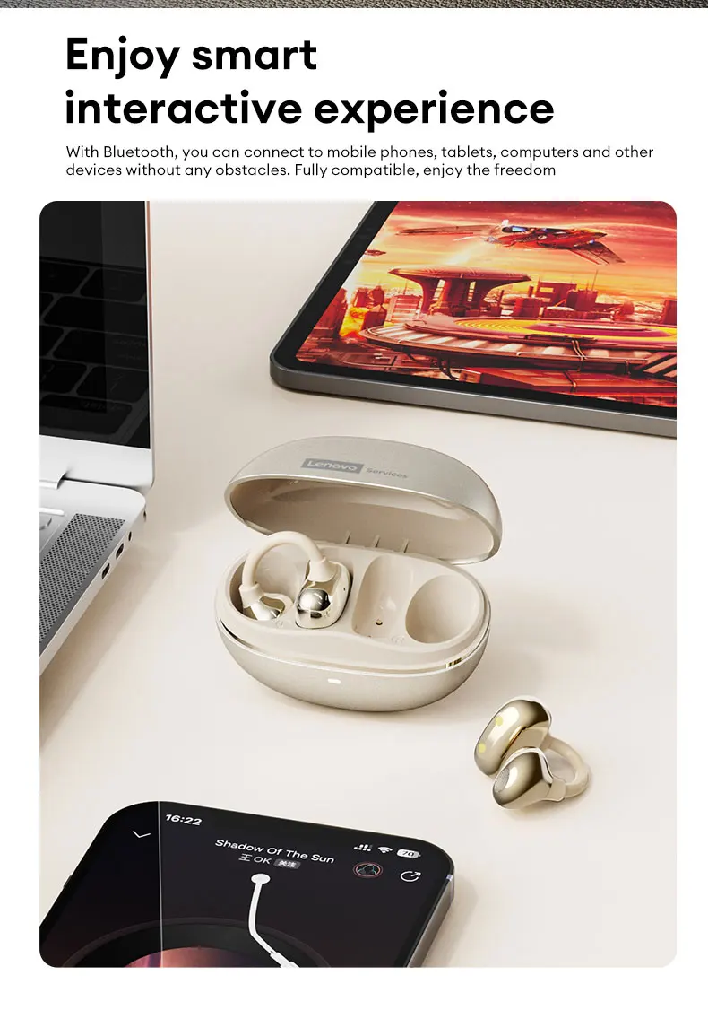 Sfb1d5e345f974d3fa06fac6ef22bcb35u Lenovo RS106 OWS Ear Clip Bluetooth 6.0 Earphones Stereo Sound Sports Music Wireless Headphones Low Latency HD Call Earbuds New
