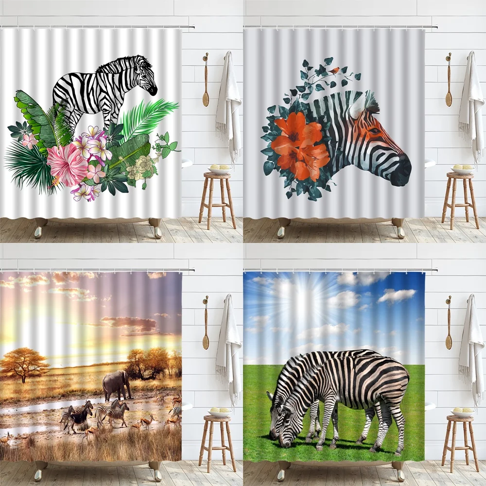 Tropical Zebra Shower Curtain Fabric Animal Plants Leaves Flowers African Grassland Bath Curtains Bathroom Decor Set with Hooks
Tropical Zebra Shower Curtain Fabric Animal Plants Leaves Flowers African Grassland Bath Curtains Bathroom Decor Set with Hooks