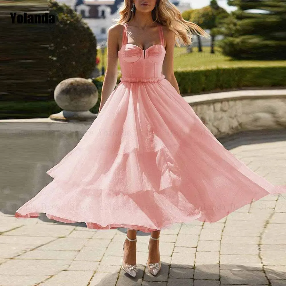 

High Quality A-line Evening Dresses 2024 Tulle Satin Layered Belt Draped Pleat Open Back Party Dress Anke Length Robe de soirée