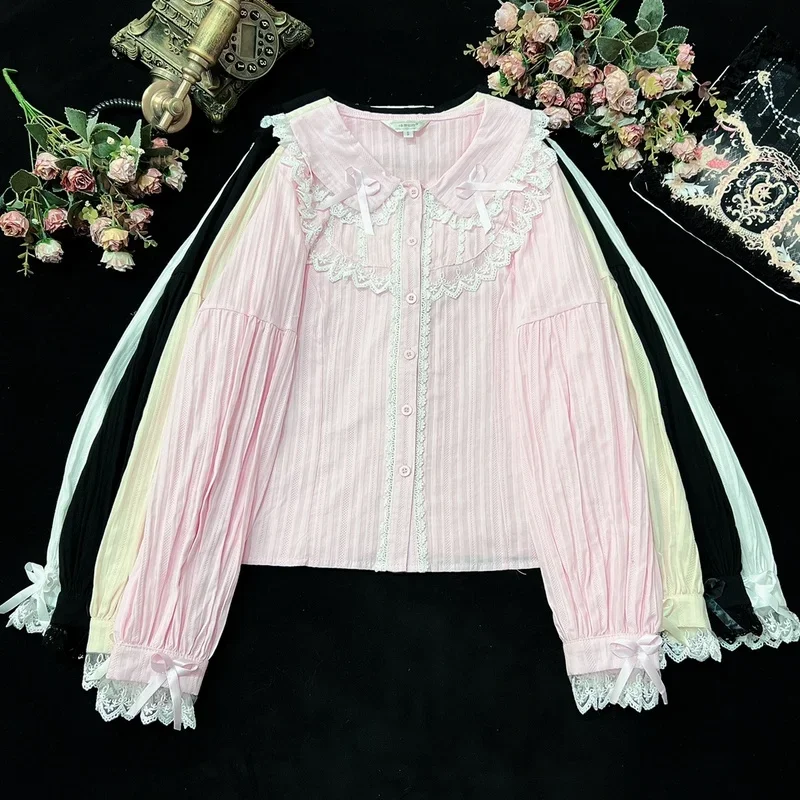 

Japanese Kawaii Lolita Blouses Soft Girls Sweet Peter Pan Collar Ruffles Bow Lace Cotton Shirts Women Long Sleeve Inside Blouse