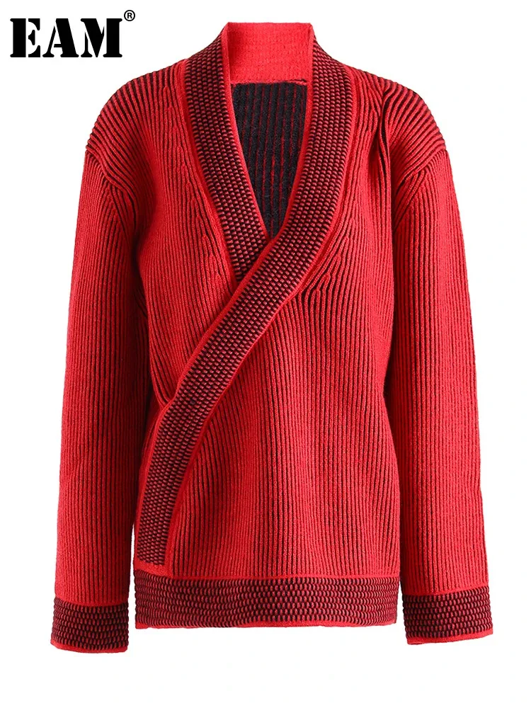 

[EAM] Red Knitting Spliced Striped Sweater V-Neck Long Sleeve Women Pullovers New Fashion Tide Spring Autumn 2024 9C4288