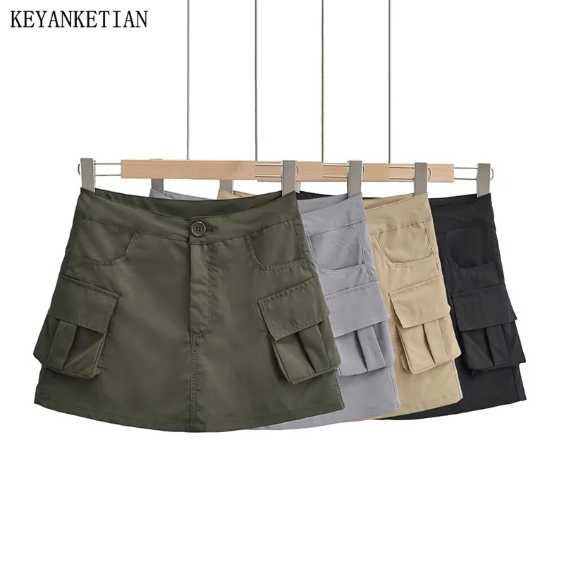 

KEYANKETIAN 2024 New Launch Women's Cargo style Skirt American Retro Pockets Decoration Slim Zipper Low-Rise A-Line Mini Skirt