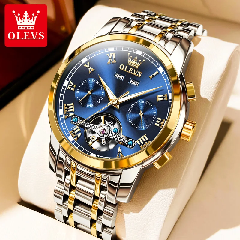 

OLEVS Men's Watches Waterproof Automatic Mechanical Business Wristwatch Stainless Steel Strap Watch for Man Skeleton Calendar