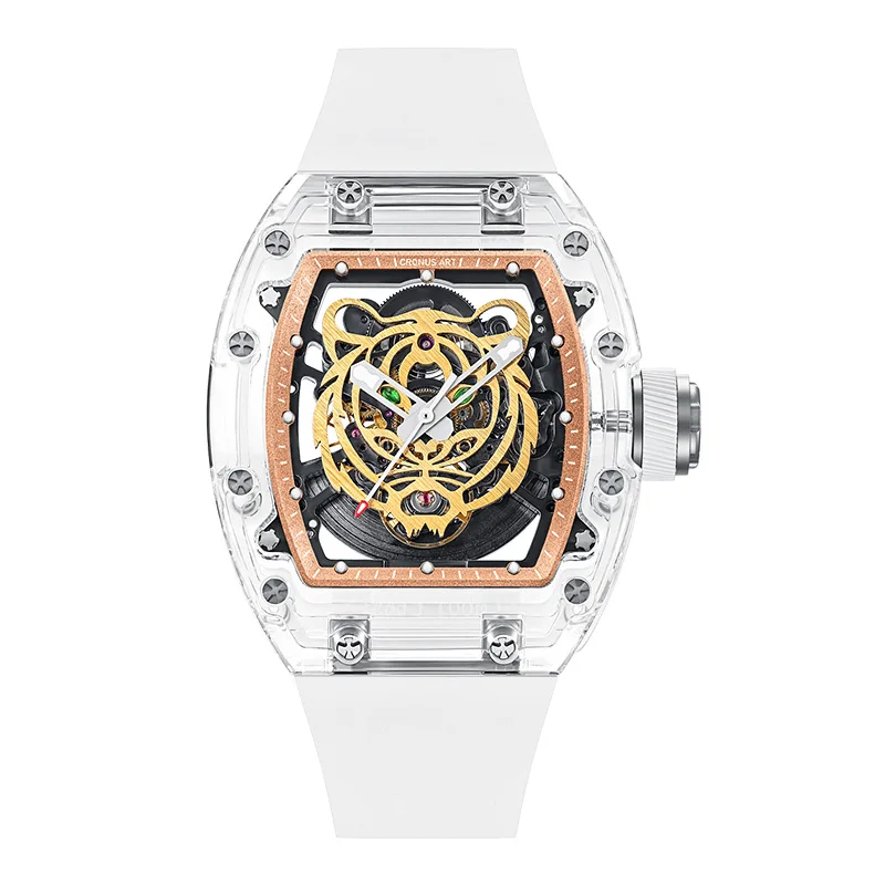 

CRONUSART Men Automatic Watch 50mm*42mm Luxury Tonneau Mechanical Wristwatch Acrylic Case Luminous Fluororubber Strap Tiger Dial