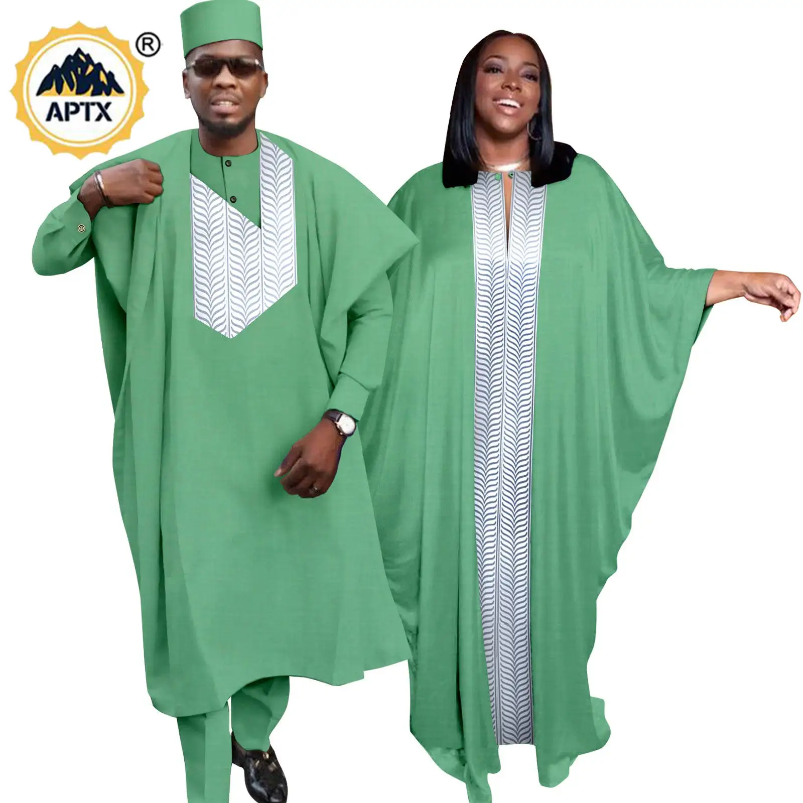 

African Dresses for Women Abaya Matching Men Outfits Muslim Robes Top and Pants Cap Sets Bazin Riche Couples Clothes YT23C003