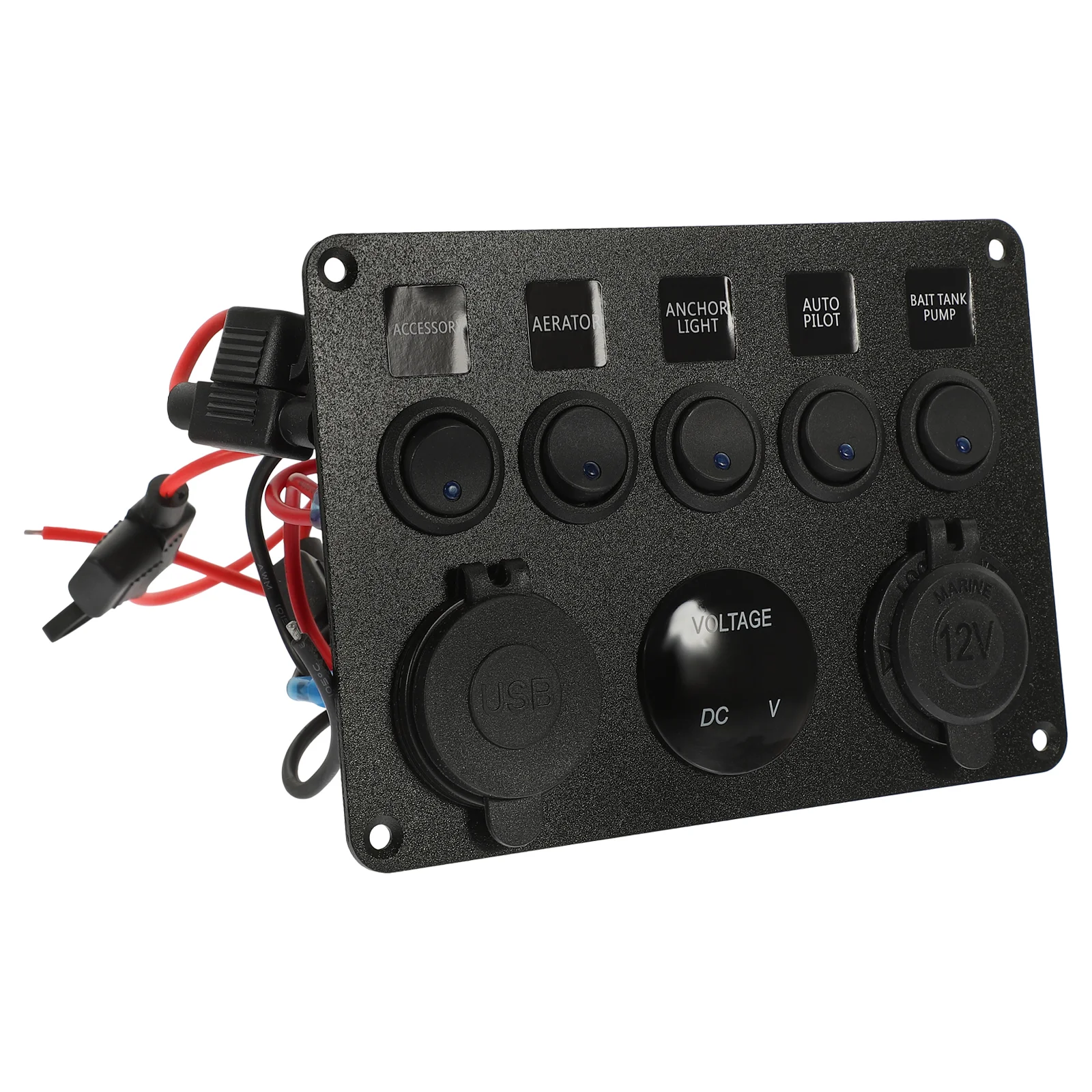 

1Pc 5-button Panel with Safety Fuse and Voltmeter and Double USB and Lighter Socket for Marine electronics Boat