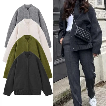 Jaqueta Bomber Bordada Masculina: Estilo e Conforto para Primaveras e Outonos 9 ZBZA Women's New Pocket Decorative Hidden Button Loose Versatile Oversized Bomber Jacket Round Neck Long Sleeve Casual Top Coats