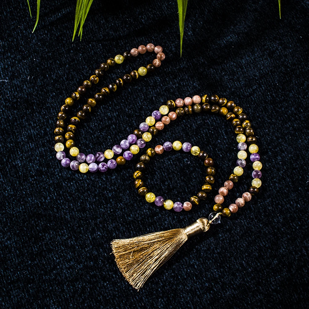 

8mm Yellow Tiger Eye Amethyst Sun Stone Beads 108 Mala Necklace Meditation Yoga Prayer Jewelry Japamala Set for Men and Women