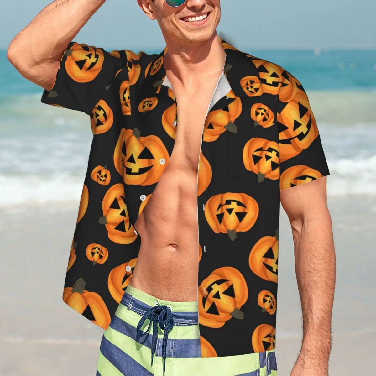 

Happy Pumpkin Face Beach Shirt Man Halloween Casual Shirts Hawaiian Short-Sleeve Printed Retro Y2K Oversized Blouses Gift